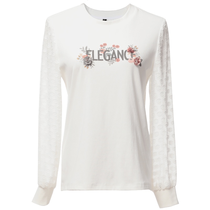 欧昵雪圆领套头字母印花拼接提花长袖T恤女显瘦上衣