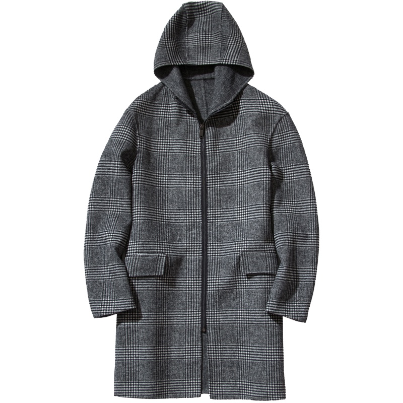 千纸鹤毛呢大衣男 2018秋冬拉链中长款英伦风连帽格子外套男69017