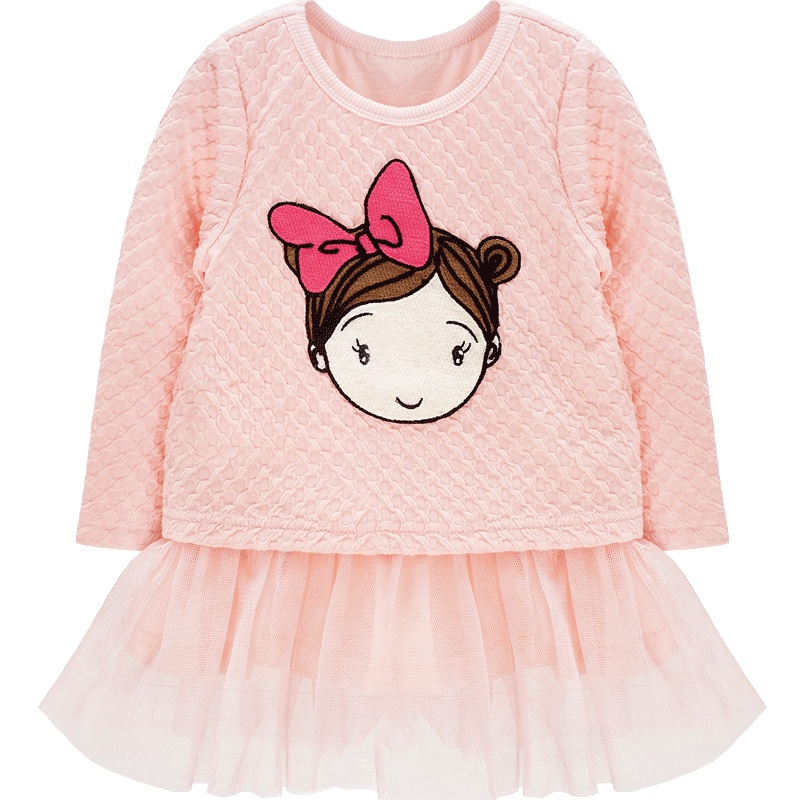 女童春季新品连衣裙长袖圆领可爱纱网短裙两色1-5岁80-120cm