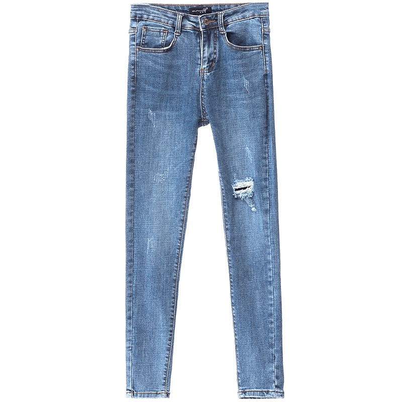 欧昵雪夏季磨白破洞牛仔裤女弹力紧身小脚铅笔裤休闲长裤