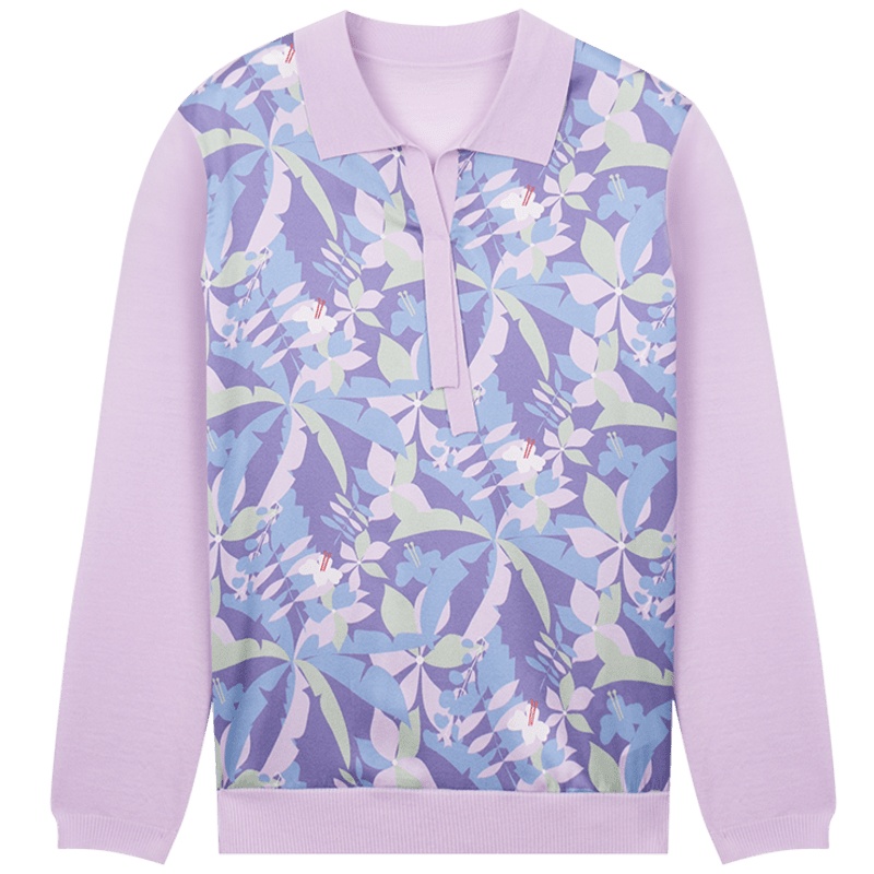 鄂尔多斯ERDOS 小翻领针梭拼接真丝印花轻薄舒适女士针织衫/毛衣