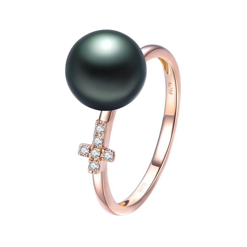brir佰色传情正圆8-9mm高亮泽大溪地黑珍珠戒指18K金钻石正品