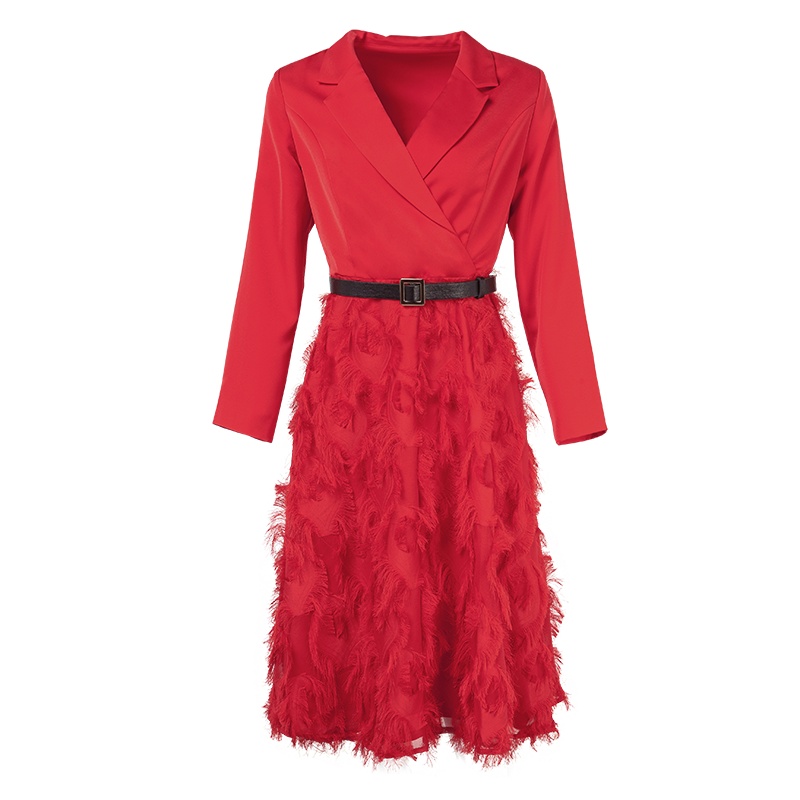 晚白 2020春季新品纯色西装领系带收腰中长款流苏A字长袖连衣裙女