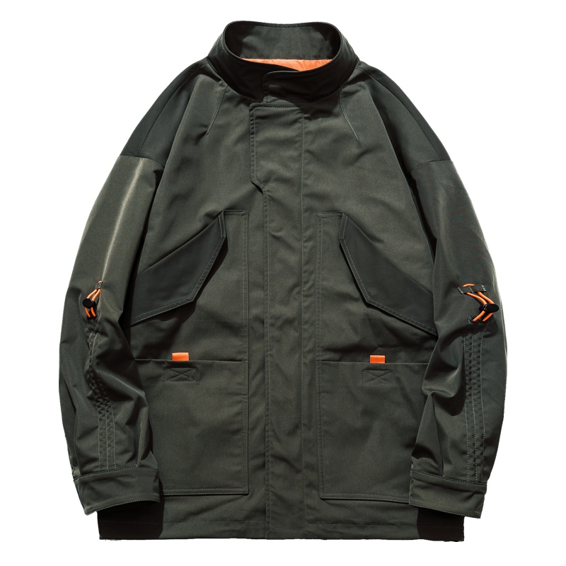 海德斯曼 秋季新款工装风衣男立领军绿色宽松百搭潮流大衣男38031