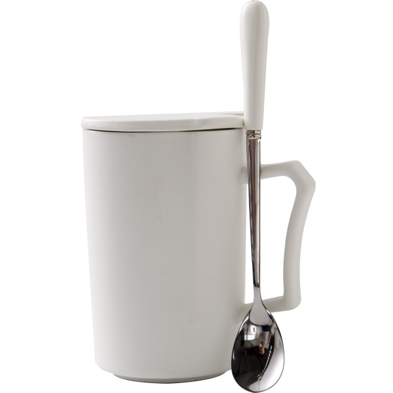 瓷魂 创意时尚礼品陶瓷马克杯情侣咖啡杯牛奶杯个性杯办公杯带盖带勺水杯子 旋角 白色