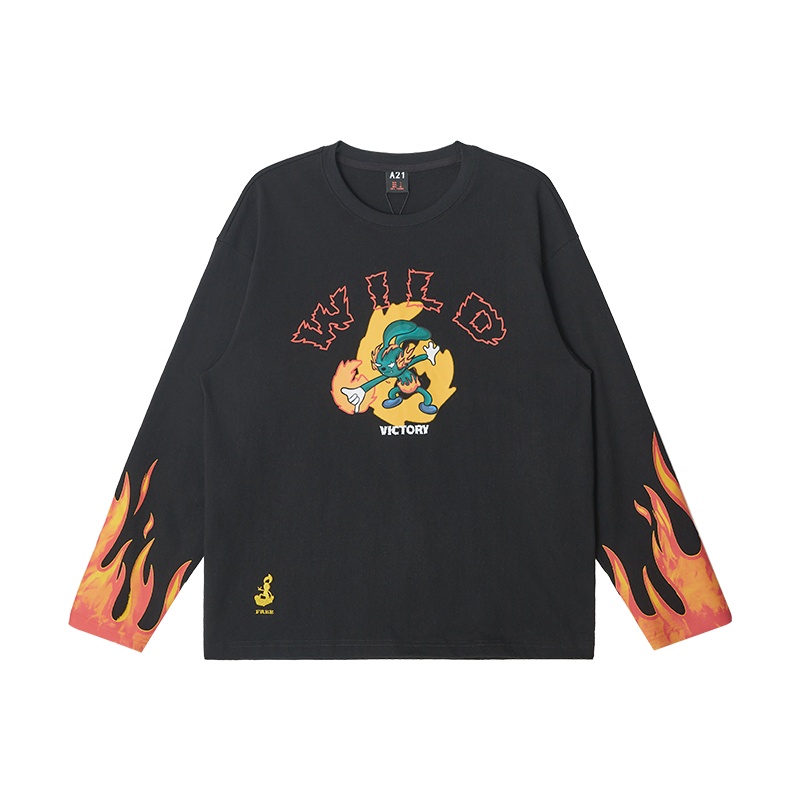 A21春季2021新款情侣装宽松圆领T恤落肩长袖衫男士潮牌秋冬打底女