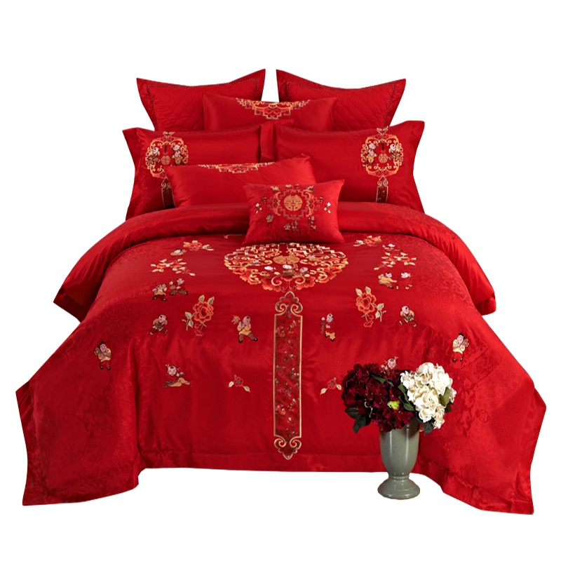 5200家纺 婚庆大红绣花床品十件套百子纳福