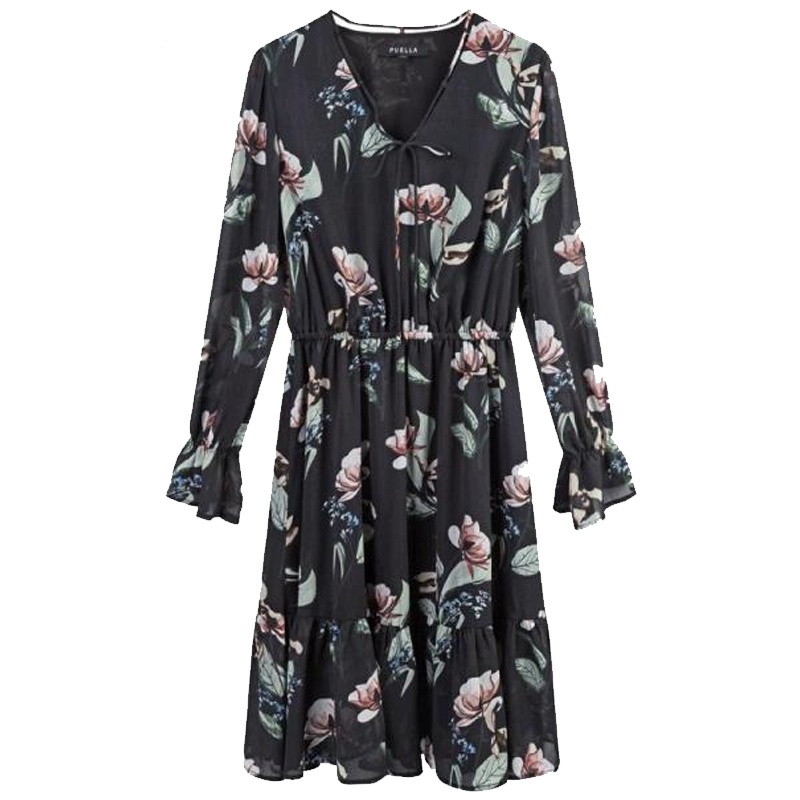 拉夏贝尔雪纺碎花连衣裙春新款女装法国小众气质喇叭袖中长款裙子20011669