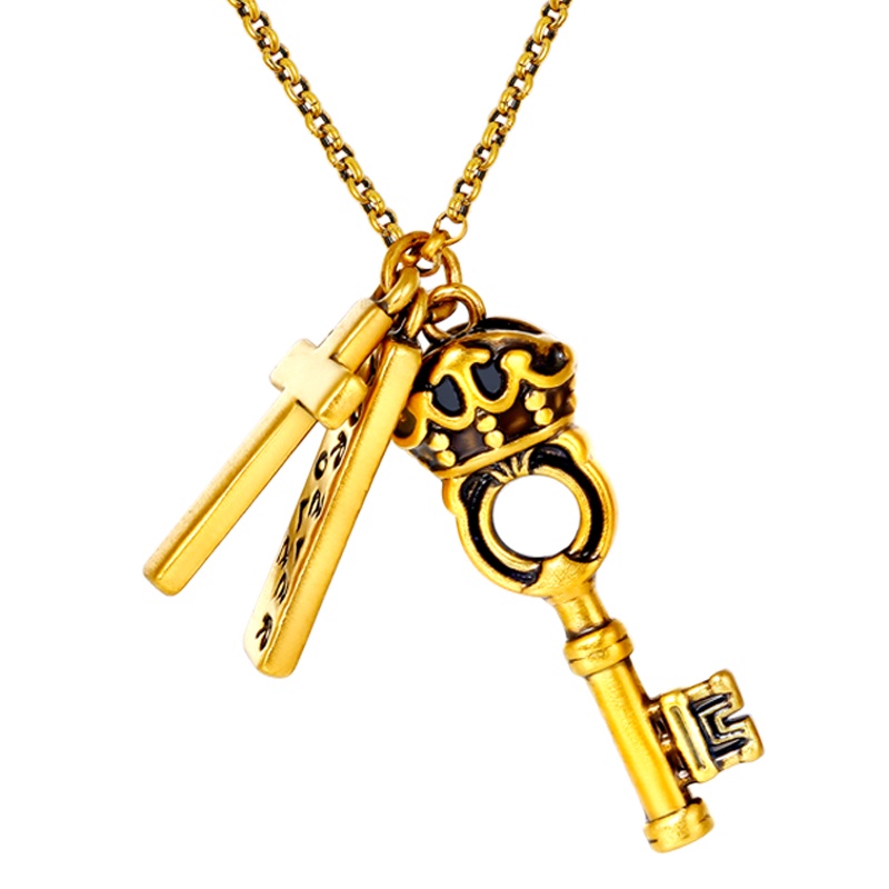 黄金码头5D复古硬金足金999爱恒久钥匙十字套链时尚非主流吊坠男女