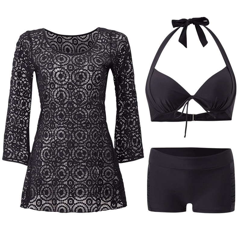 号手蕾丝泳衣女分体遮肚比基尼三件套韩国温泉小香风显瘦保守学生