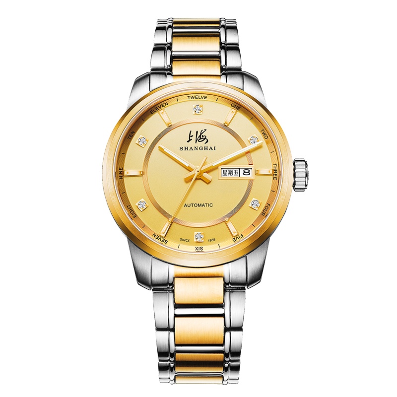 上海手表机械表男女款 机械机芯精钢材质 夜光指针双历功能 防水国表腕表情侣表 SH3022