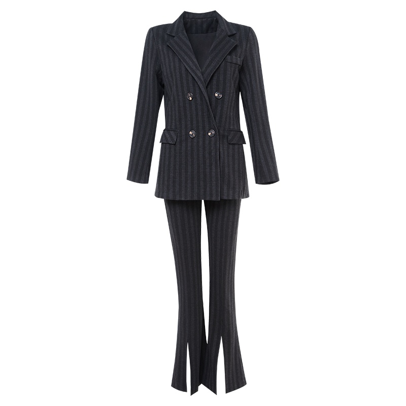 晚白秋装女套装裤2018新款条纹通勤职业上衣西装外套高腰喇叭裤商务套装