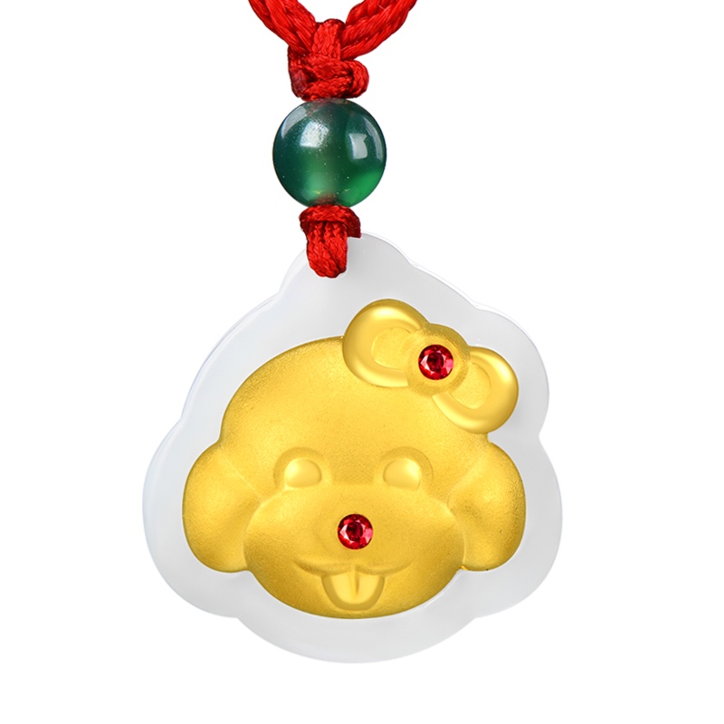 蒂蔻 狗年金镶玉黄金吊坠项链女士款足金和田玉镶嵌生肖红绳宝宝小孩子本命年礼物