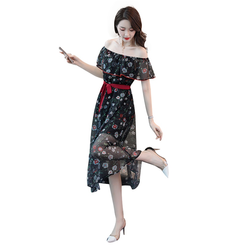 丝柏舍2019夏女收腰印花短袖一字领修身性感连衣裙S92R0753L