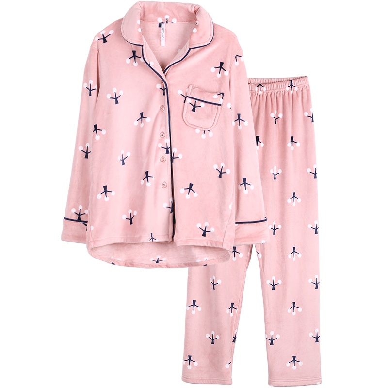 红豆居家(Hodohome)新款冬季情侣海岛绒睡衣套装男士女士植物印花休闲家居服套装