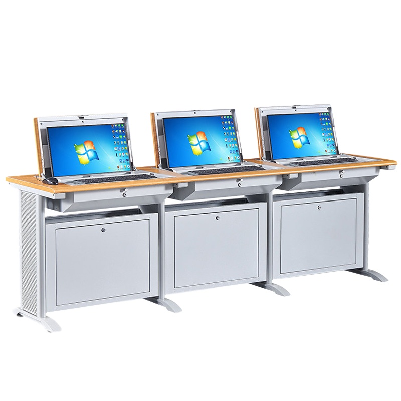 三圣 办公家具翻转电脑桌钢制隐藏显示器式电脑桌部队学校电教室机房培训桌学习桌会议桌三人位