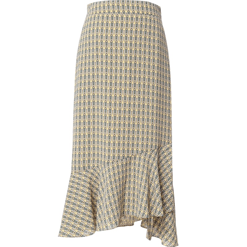 欧昵雪夏季气质高腰显瘦印花半身裙女不规则显瘦鱼尾裙子