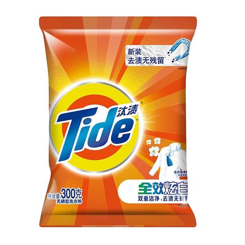 Tide汰渍洗衣粉无磷型全效炫白去渍含衣领净精华淡雅清香香型去除衣领袖口污渍 300g*8 单位(件)