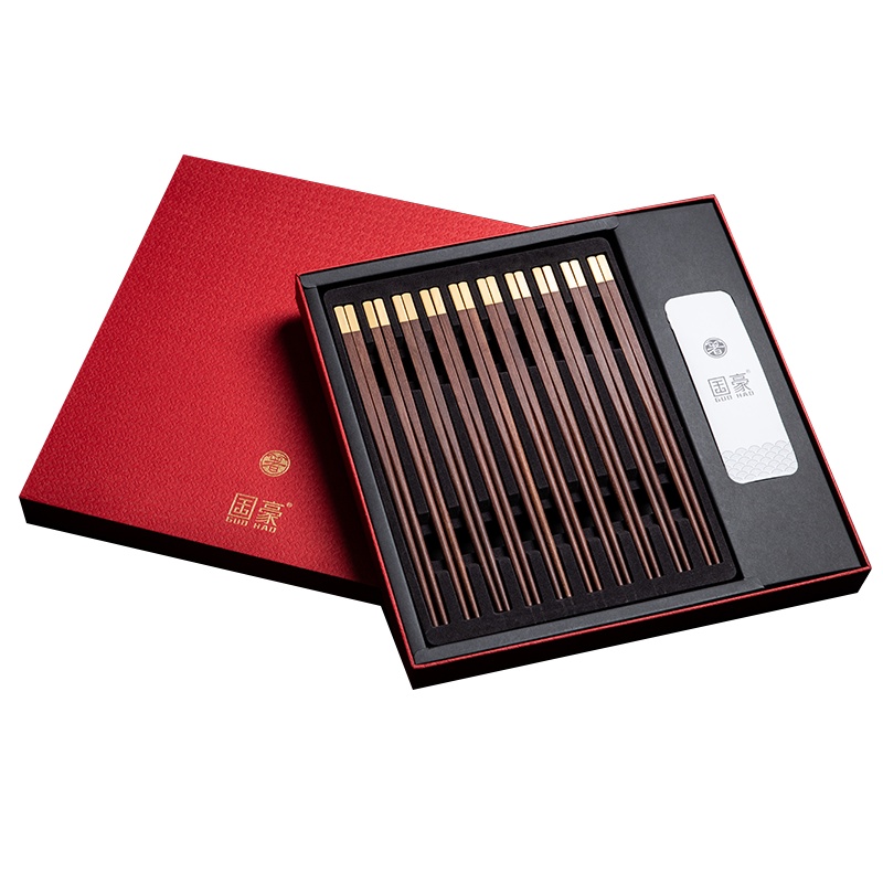拾画 国豪系列 礼盒装 红檀木方款铜头镀真金筷子可订制刻字(蓝红两种盒子随机发货)十双装SH-6370