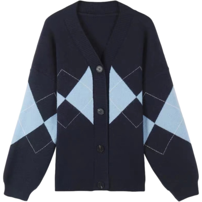 秋冬英伦风菱格子针织开衫毛衣女宽松慵懒V领中长款上衣学生外套