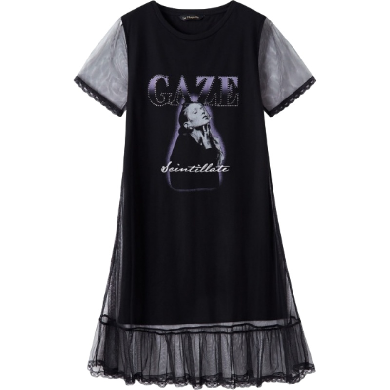 拉夏贝尔网纱连衣裙夏短袖韩版字母印花T恤裙