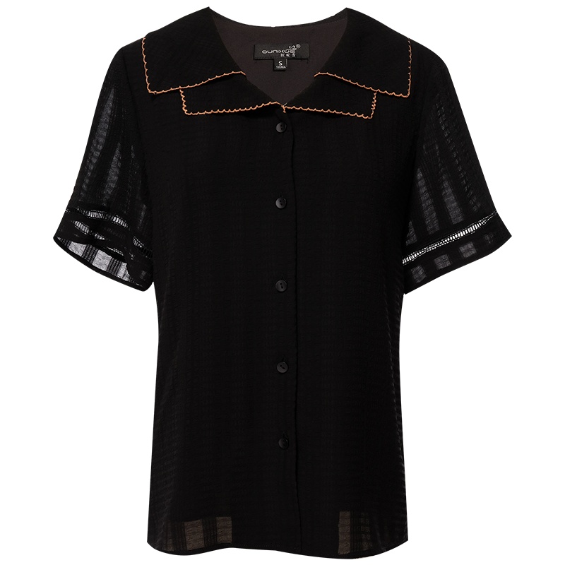 欧昵雪夏季双层翻领拼接镂空短袖雪纺衫上衣衬衫女衬衣