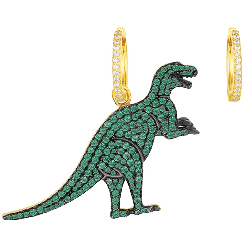 APM Monaco WONDERLAND系列 女士不对称金黄色925银薄荷绿镶晶钻恐龙银耳钉 AE10185XGY