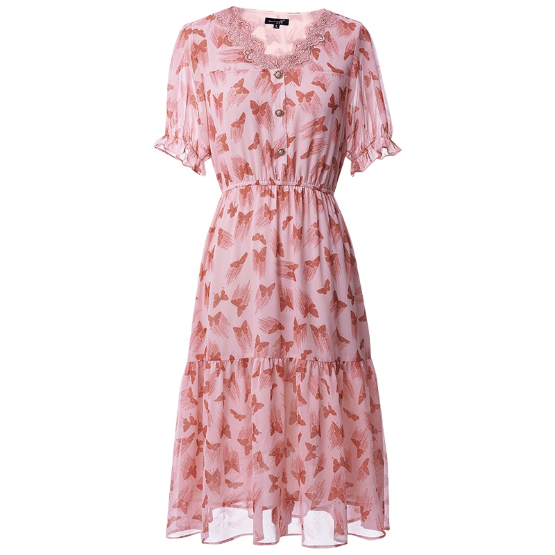 欧昵雪蝴蝶印花A字裙夏季花边V领喇叭袖雪纺连衣裙女