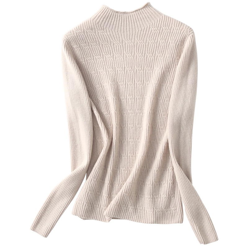 金菊2019春秋新款半高圆领长袖针织羊毛打底衫女修身纯色内搭上衣