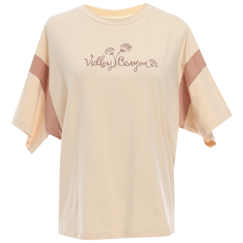 欧昵雪圆领字母绣花拼接撞色短袖T恤女宽松显瘦上衣