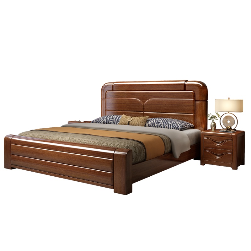 月影梳桐胡桃木实木床1.8米现代中式简约双人床高箱床婚床1.5m主卧储物床