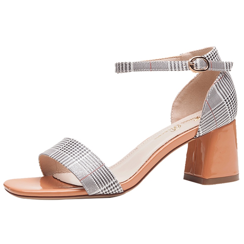 森林公主女鞋凉鞋女夏新款粗跟高跟格子拼色性感一字带女鞋
