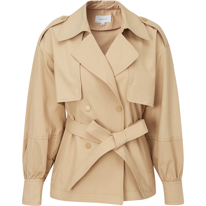 棉混纺MECITY女装21春季新款简约商务后背开叉短款风衣外套女