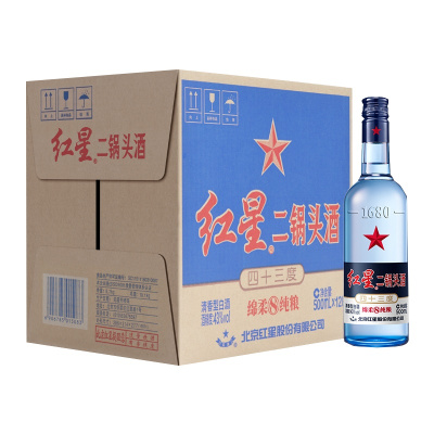 红星二锅头酒 绵柔8陈酿/纯粮 43度 500ml*12 整箱装白酒(新老包装随机发货)