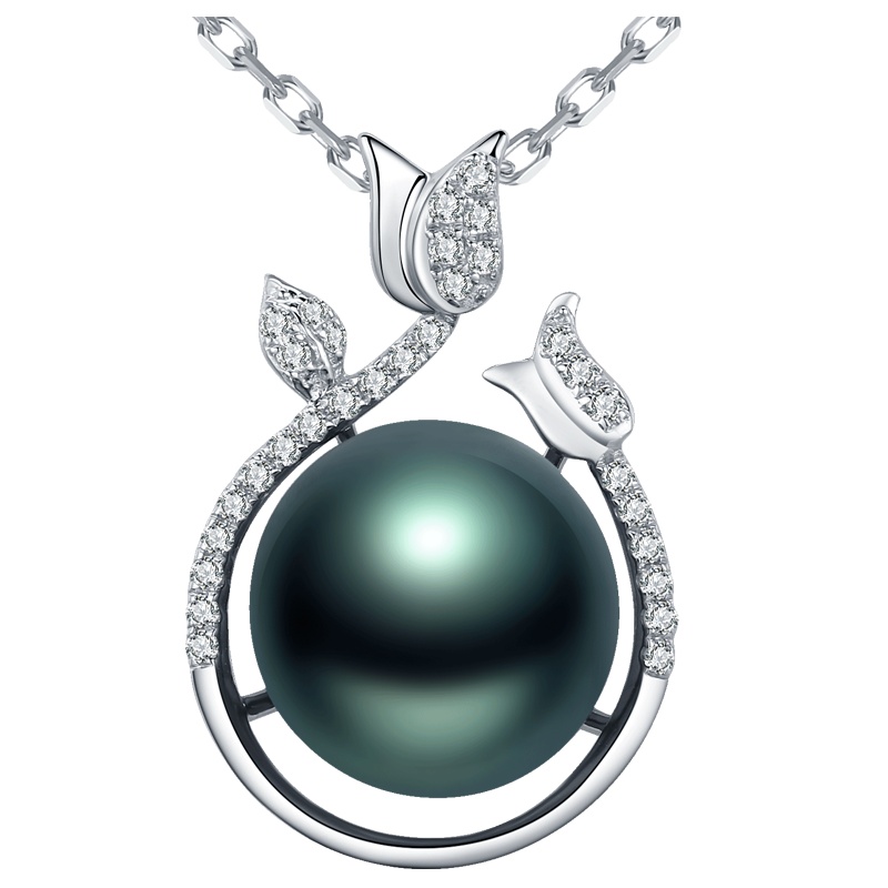 brir 佰色传情 正圆10-11mm大溪地黑海水珍珠吊坠正品女18k金钻石