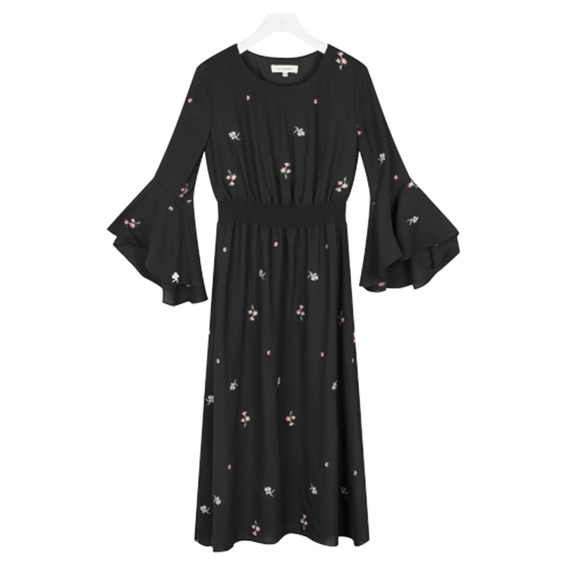 【专柜同款】拉贝缇黑色显瘦雪纺连衣裙女碎花刺绣中长款气质a字裙子60006251