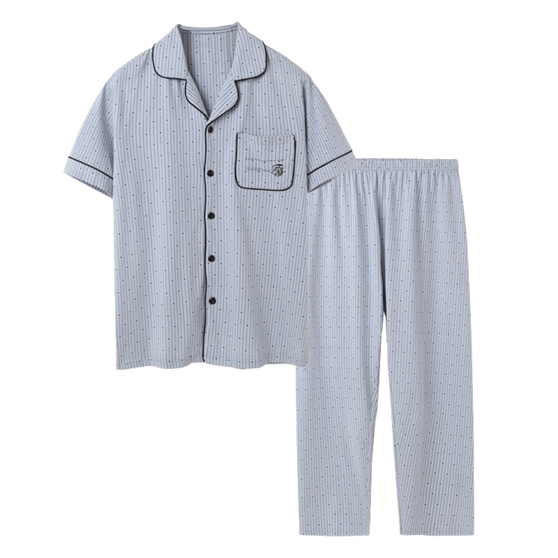 猫人春夏男款竖条纹小点短袖家居服套装