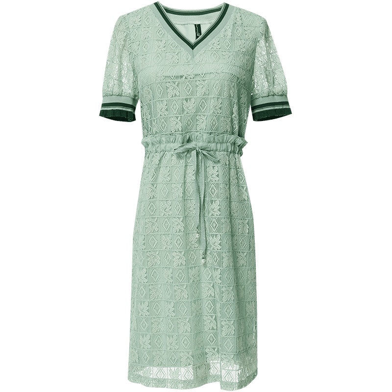 欧昵雪夏季V领拼接木耳边短袖收腰镂空蕾丝连衣裙女中裙