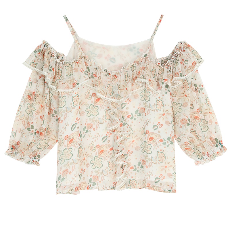 妖精的口袋一字肩吊带上衣女2019夏季新款女士可爱甜美碎花雪纺衫