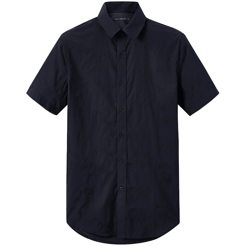 太平鸟男装藏蓝色商务休闲修身衬衣暗纹短袖衬衫