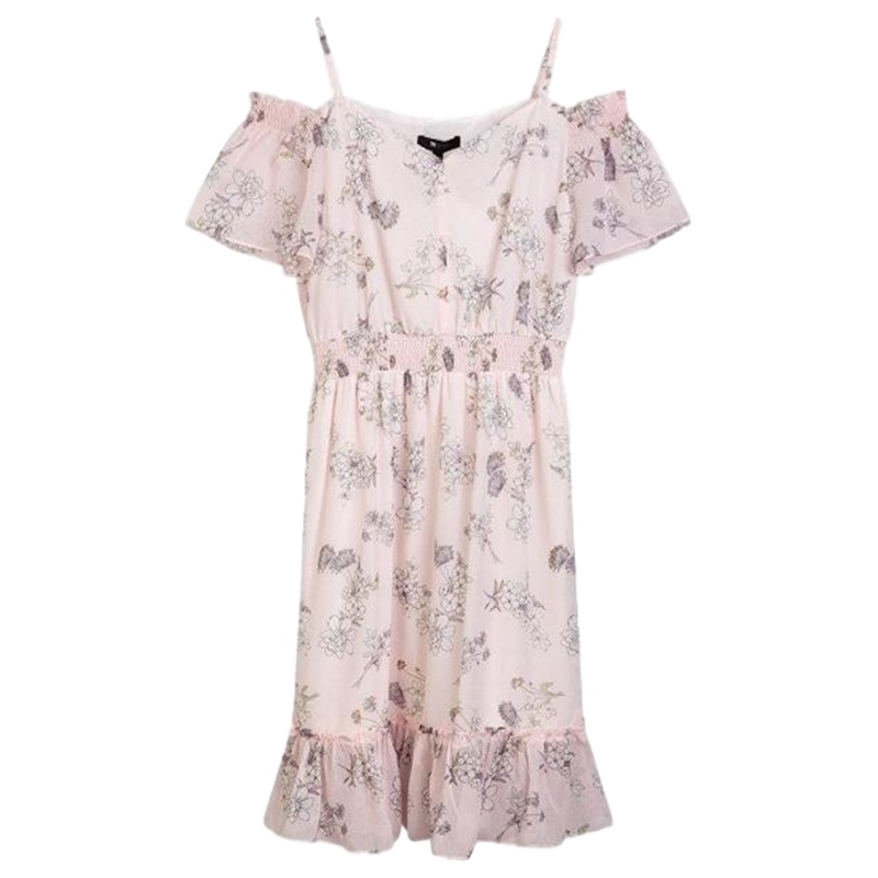 7.Modifier雪纺连衣裙女神范气质新款时尚露肩无袖印花