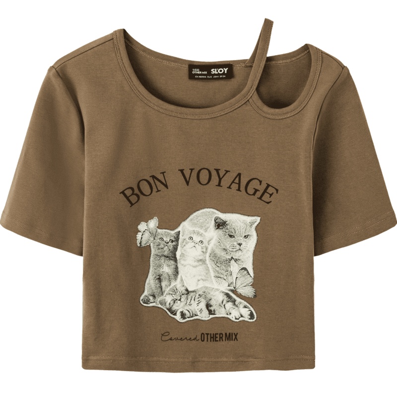 OtherMix小心机短上衣2021年夏季新款百搭修身圆领印花短袖T恤女