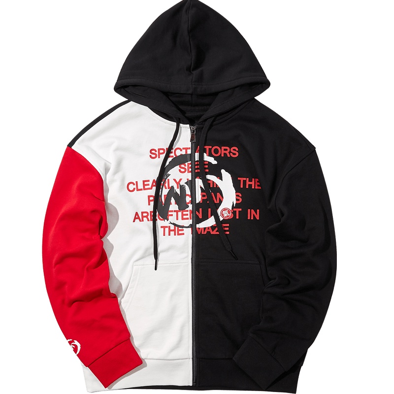 黑鲸阴阳拼接连帽夹克秋季男装字母印花外套男CWJAJ38124A