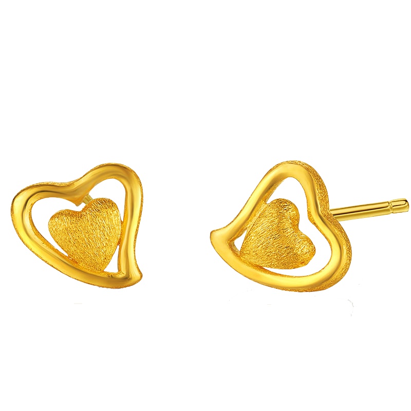 兆亮ZHAO LIANG 心心相印黄金耳钉女士款 心形足金黄金耳饰 送女友