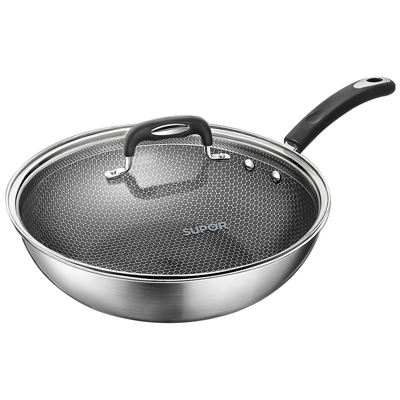 苏泊尔(SUPOR)炒锅 晶钻蜂巢食品级不锈钢炒锅直径34cm炒菜锅 透明锅盖防烫手柄燃气电磁适用 CC34JA9
