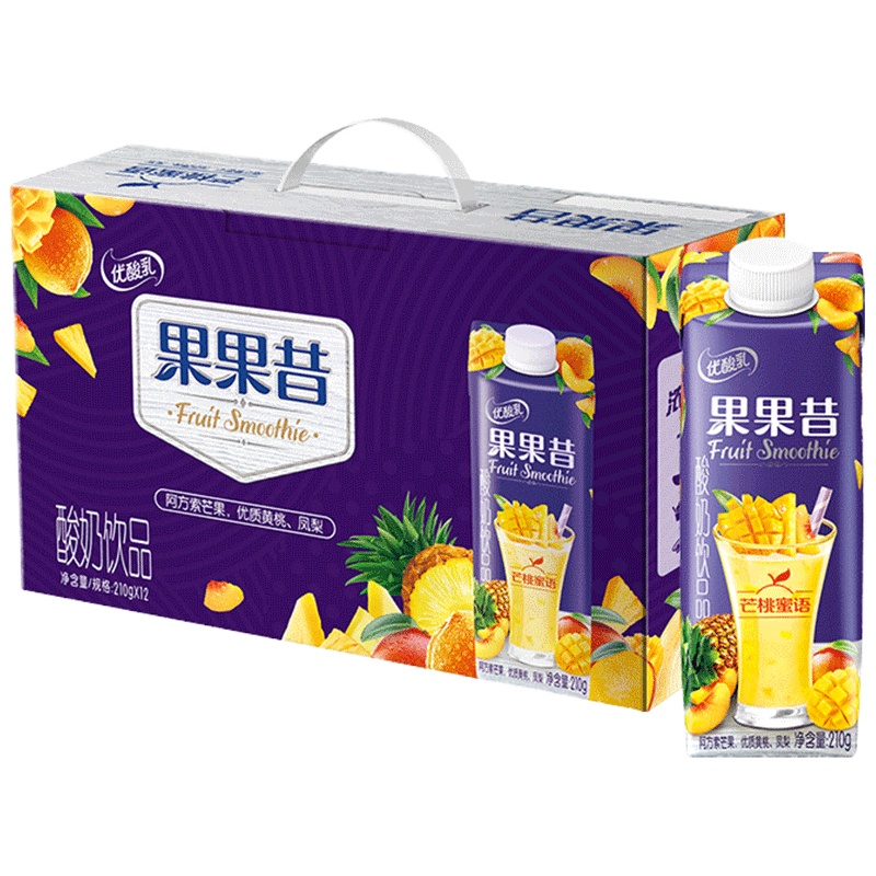 5月伊利 优酸乳果果昔酸奶饮品芒桃蜜语口味笑脸包210g*12瓶