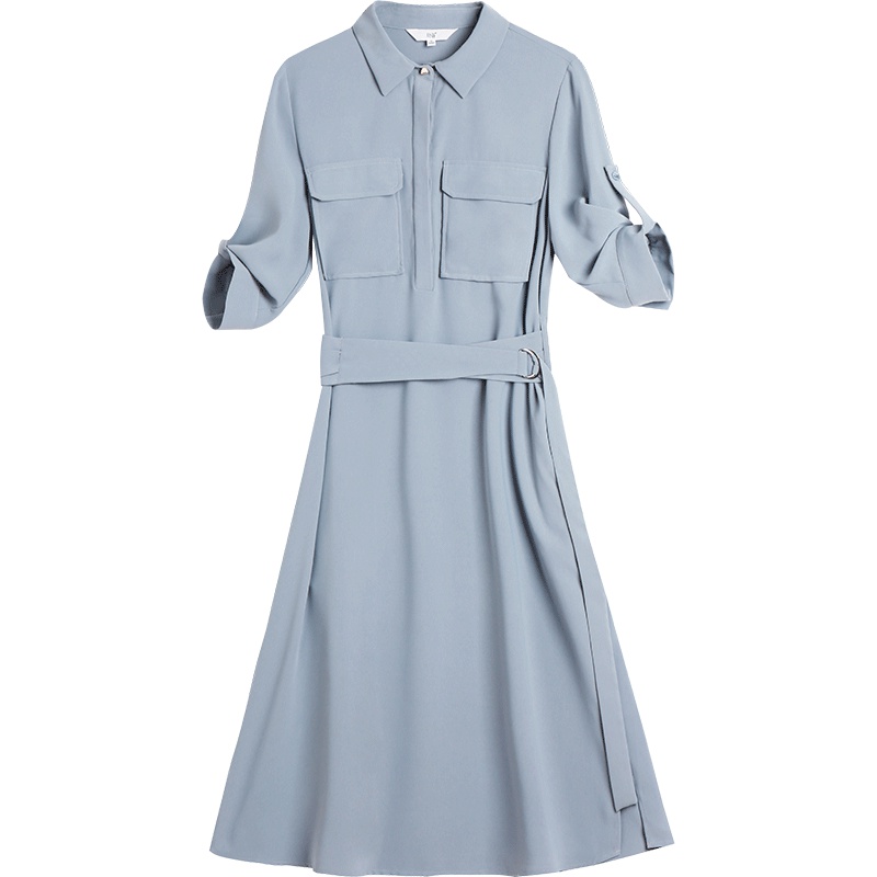 OSA欧莎雪纺连衣裙收腰中长款衬衫裙女夏高腰智熏裙蓝色法式复古