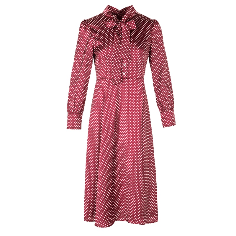 晚白2020春季新品通勤波点系带领长袖收腰显瘦中长款A字连衣裙女