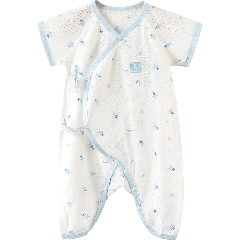 童泰(TONGTAI)夏季款婴儿衣服0-3月新生儿偏开系带半袖连体衣儿童内衣