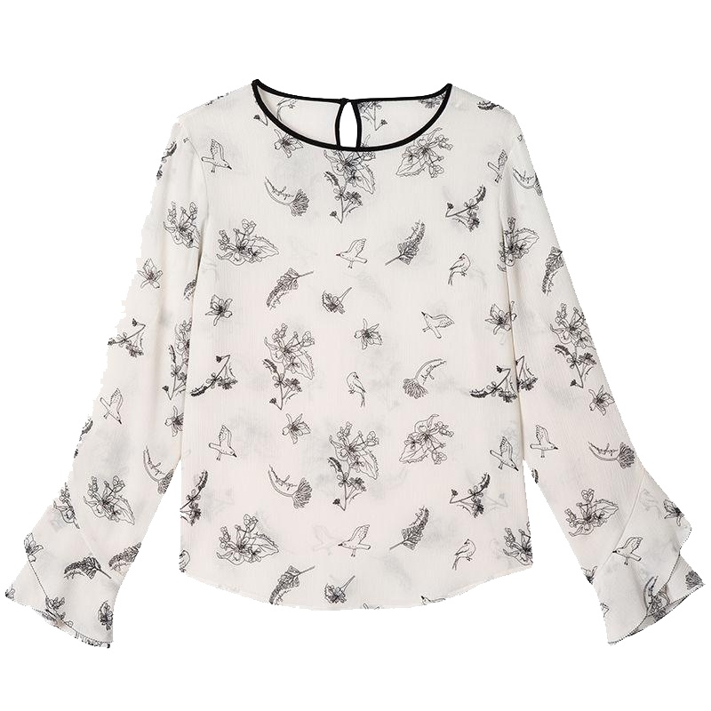 上新拉夏贝尔小众设计感衬衫女秋冬款韩版百搭荷叶边圆领长袖雪纺衫10018363